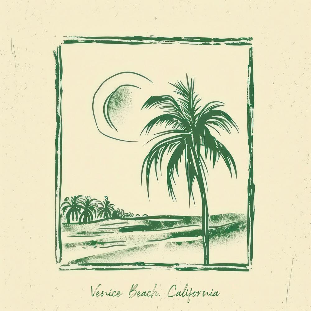 Venice Beach, California Green Line Art Illustration