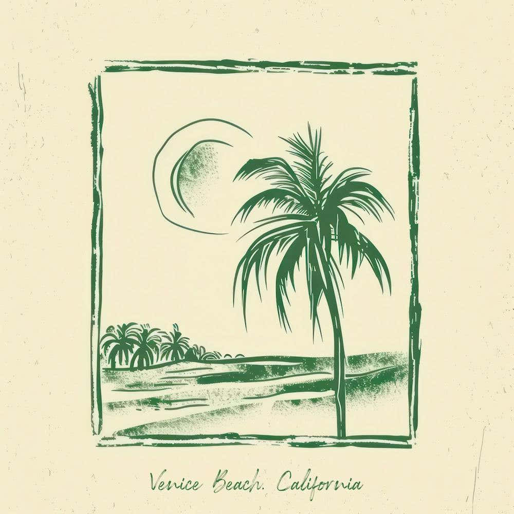 Venice Beach, California Green Line Art Illustration