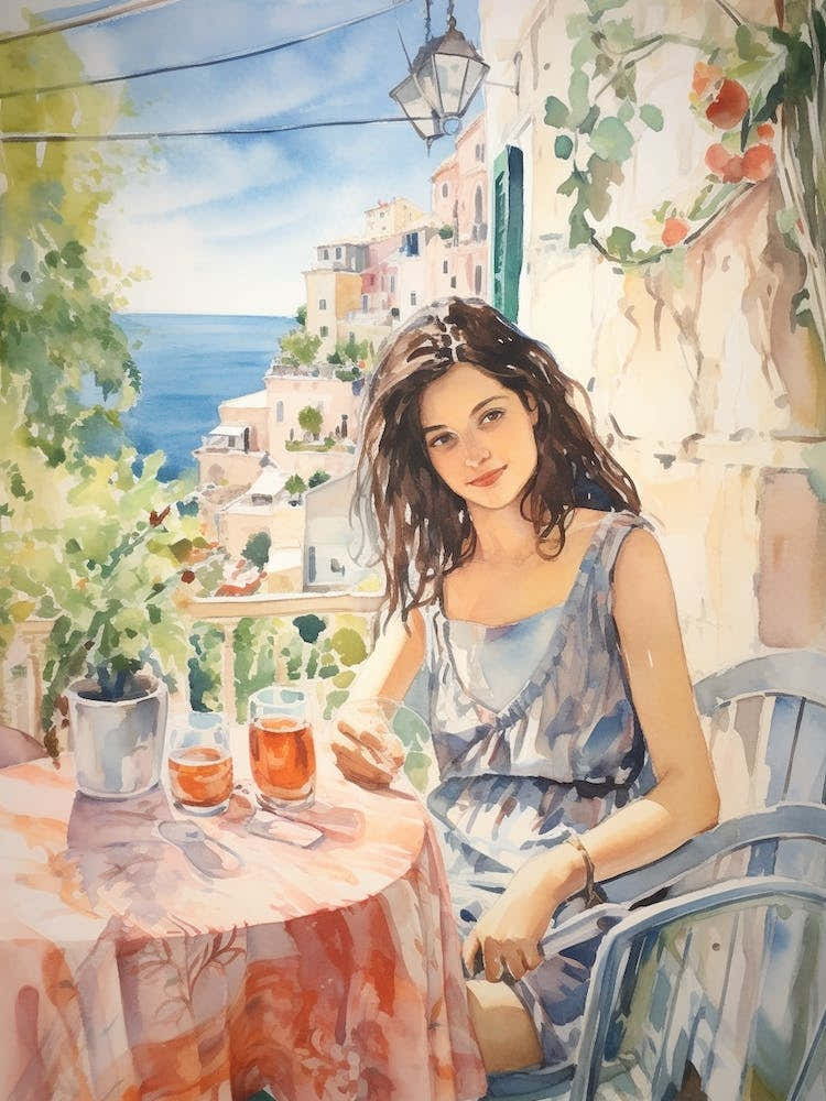 At A Cafe In Dubrovnik Croatia Watercolour
