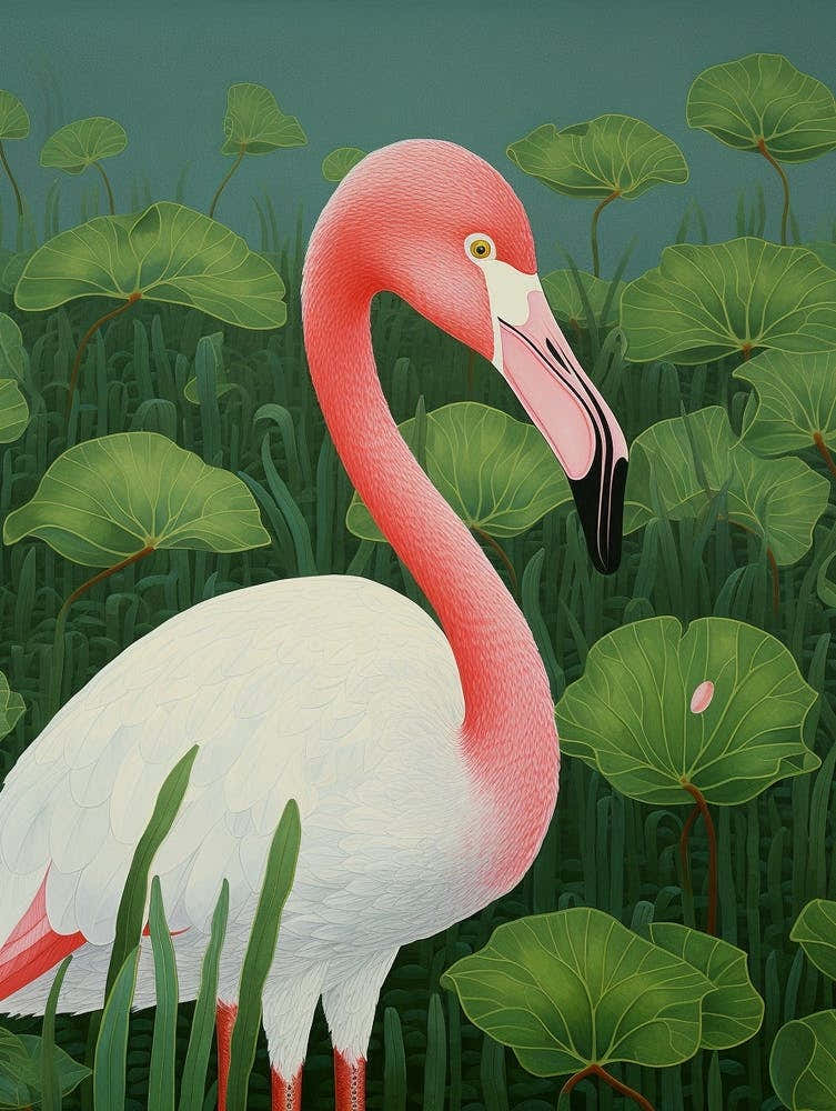 Ohara Koson Inspired Bird Painting Greater Flamingo 4