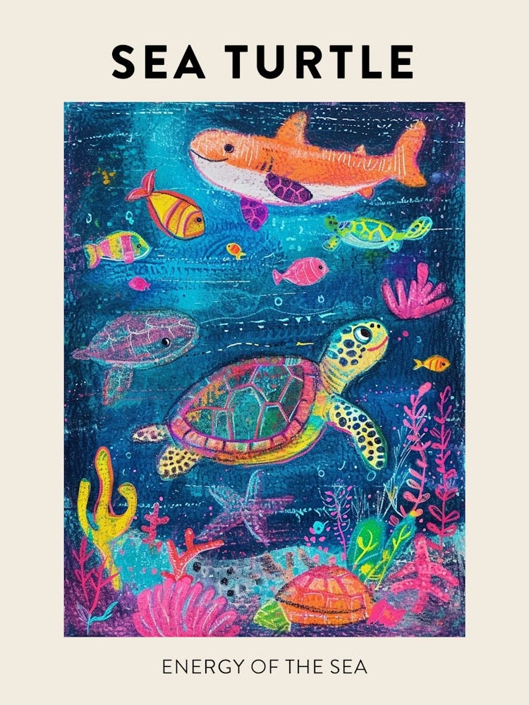 Sea Turtle & Friends Rainbow Scribble Poster