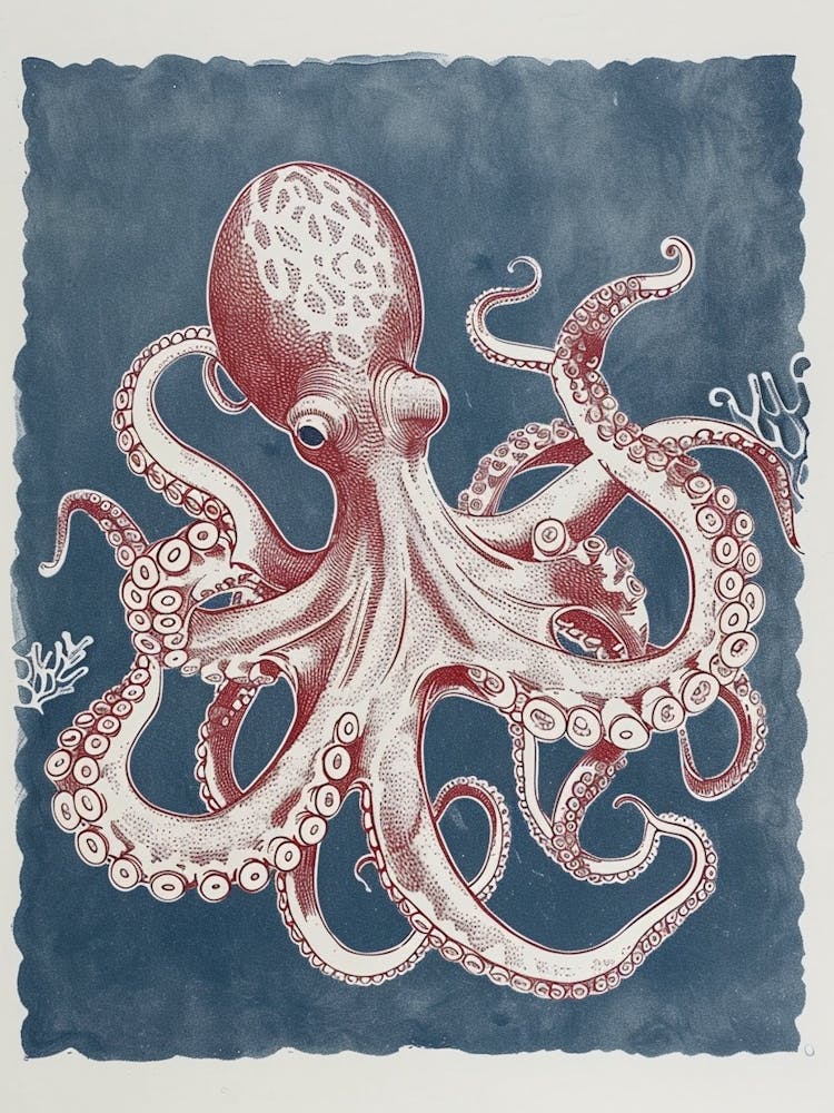Octopus In Ocean Blue Linocut Background 3