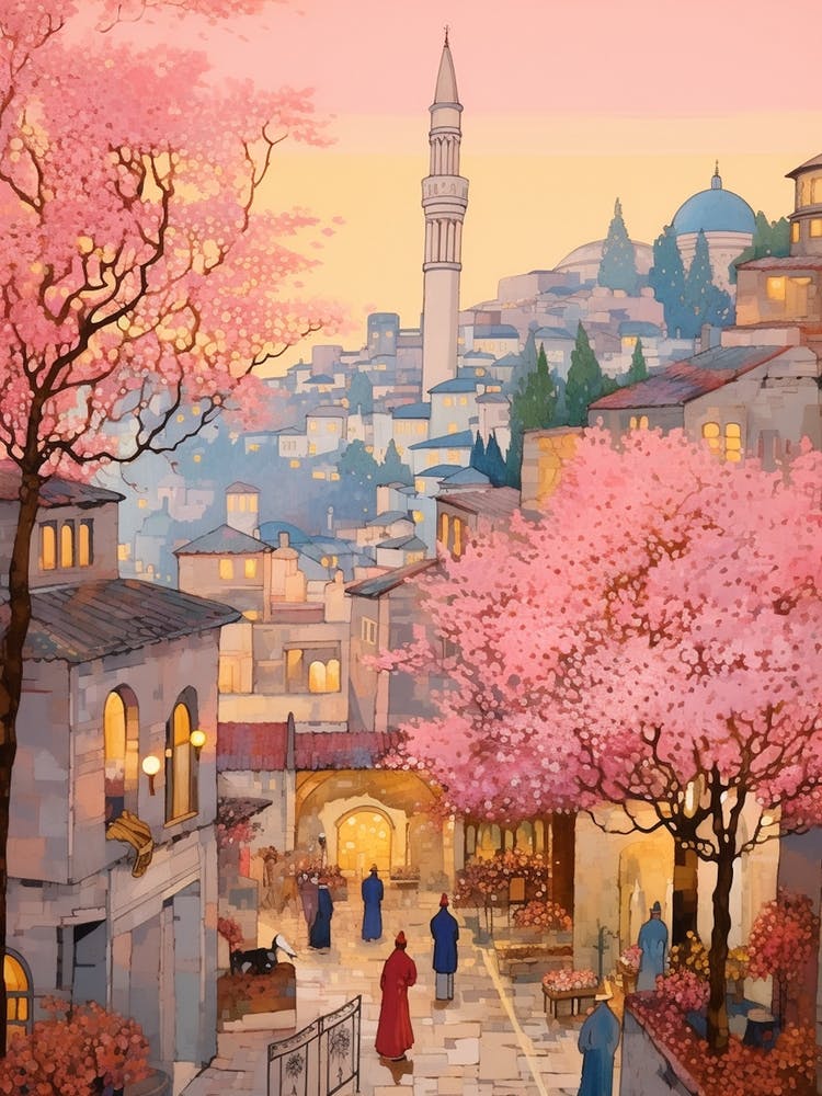 Istanbul Turkey 8 Vintage Pink Travel Illustration