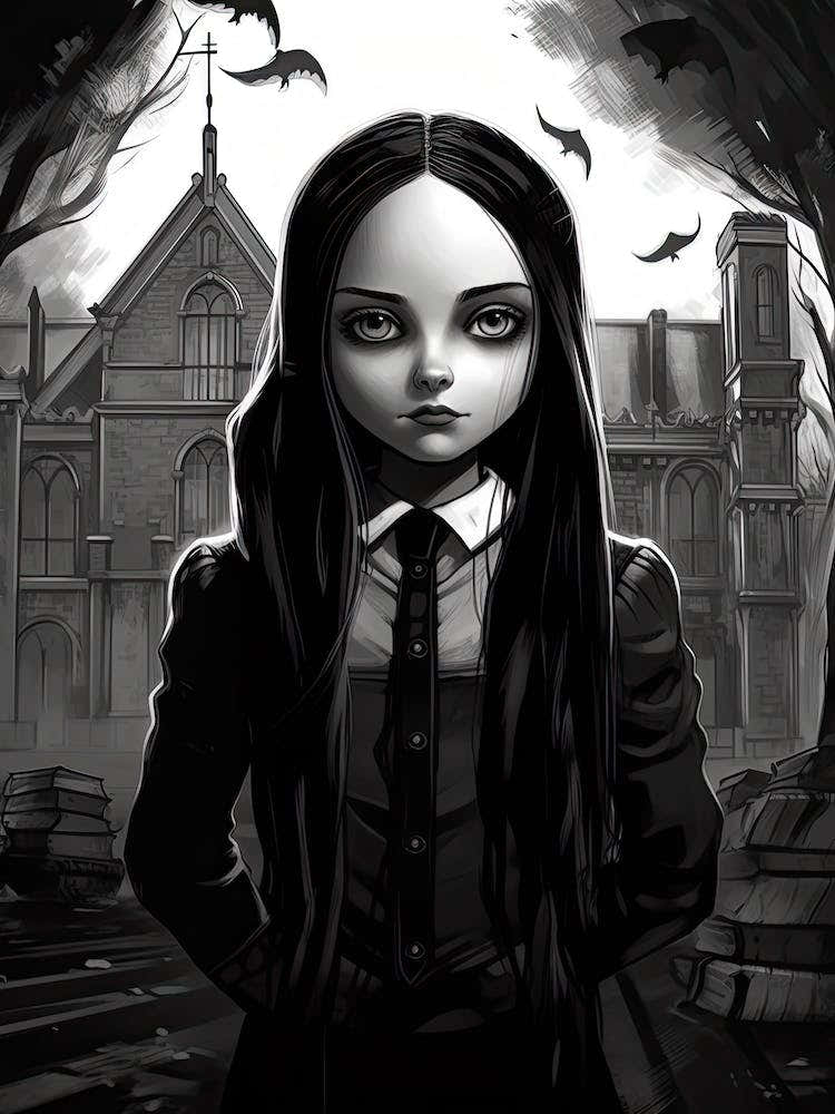 Nevermore Academy With Wednesday Addams Line Art 03 Fan Art