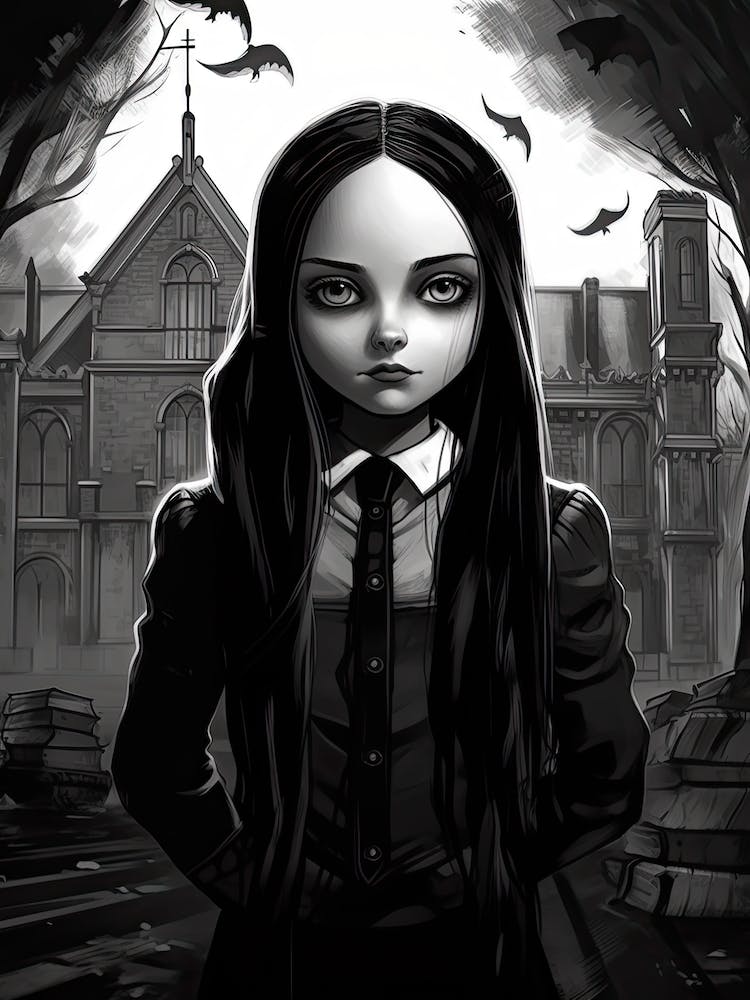 Nevermore Academy With Wednesday Addams Line Art 03 Fan Art
