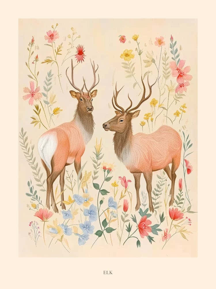 Folksy Floral Animal Drawing Elk 3 Poster