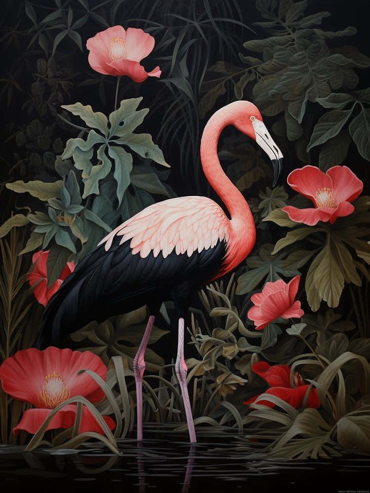 Dark And Moody Botanical Flamingo 1