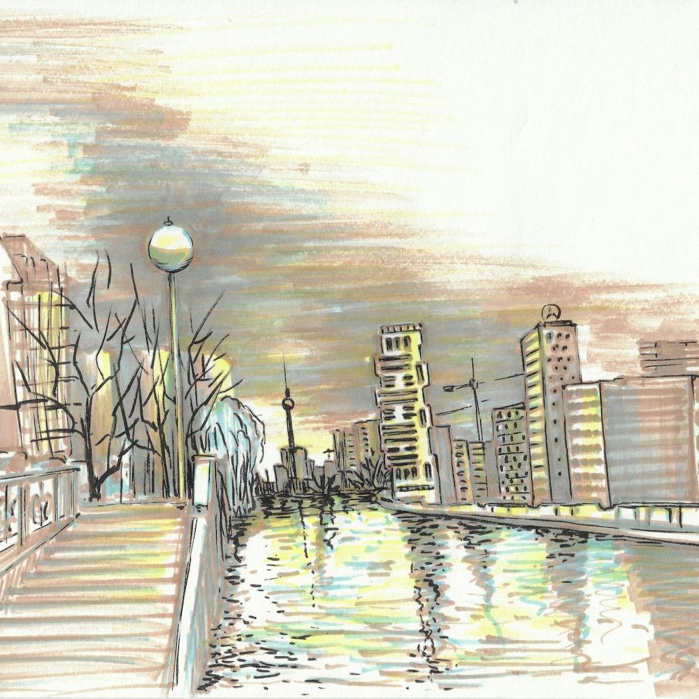 Berlin Morning At The Spree Bank Square