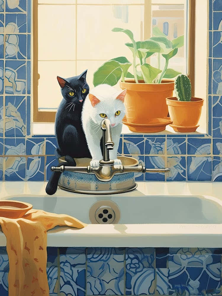 Black And White Cats In The Kitchen Sink, Mediterranean Style 0
