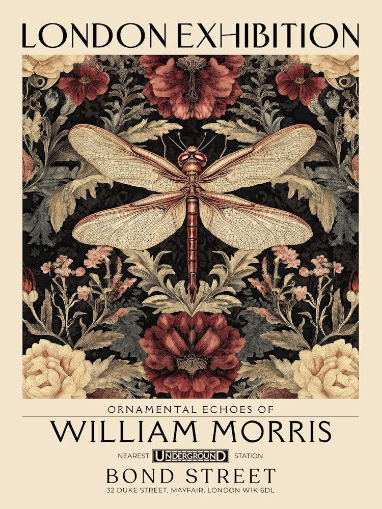 William Morris Dragonfly and floral artwork in Warm earth tones, insect and flower pattern dark academia library Botanical vintage print, living room vintage decor Floral tapestry Victorian nature art 16
