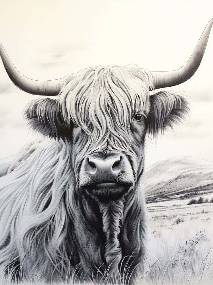 Black & White Watercolour Illustration Of Highland Cow 2