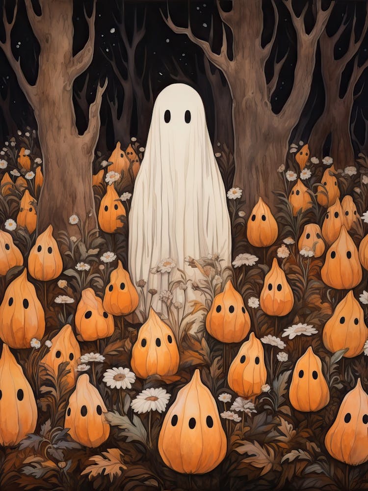 Cute Bedsheet Ghost, Botanical Halloween Watercolour 77