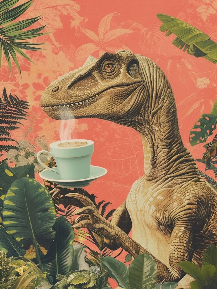 Dinosaur Drinking Coffee Retro Collage 3