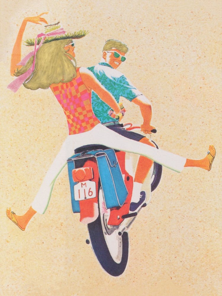 Blonde Woman and Man on Scooter Vintage Poster