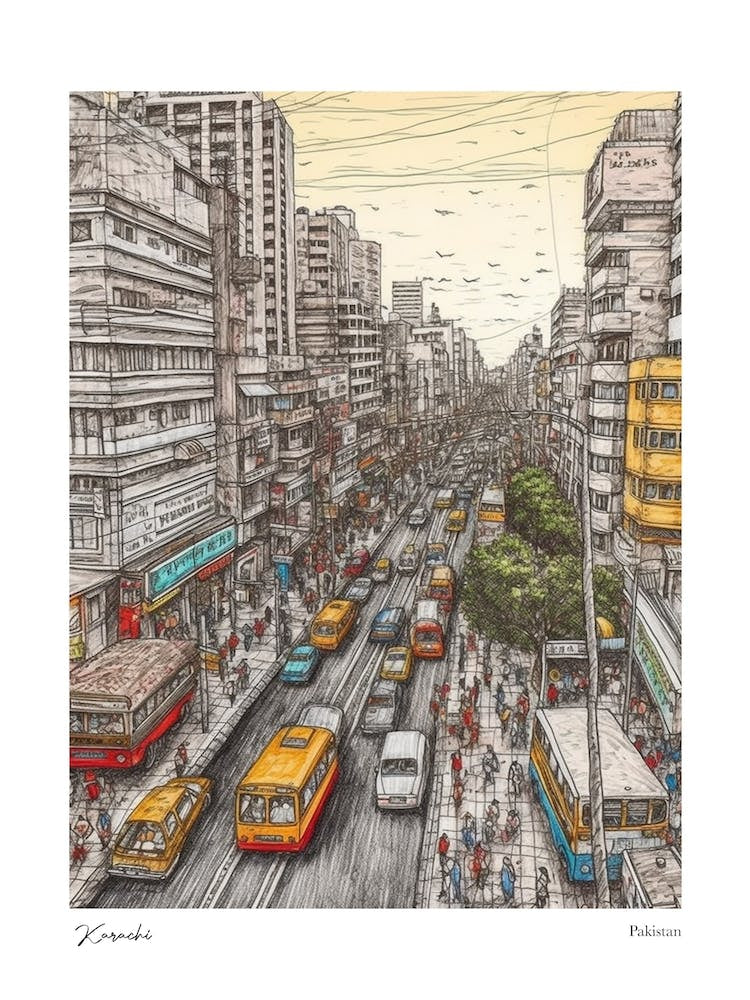 Karachi Pakistan Drawing Pencil Style 1 Travel Poster