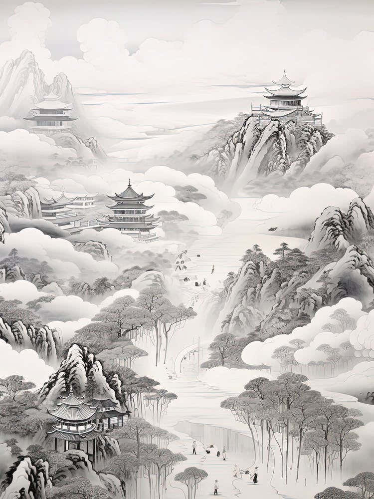 Shikoku Pilgrimage In Shikoku, Ukiyo E Black And White Line Art Drawing 3