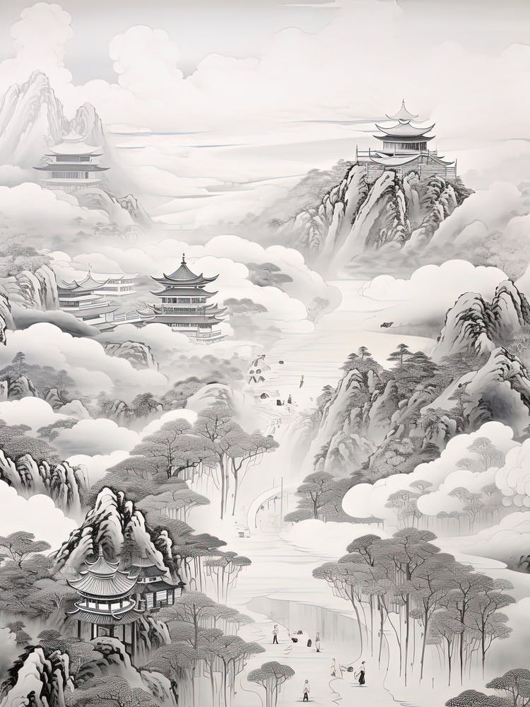 Shikoku Pilgrimage In Shikoku, Ukiyo E Black And White Line Art Drawing 3