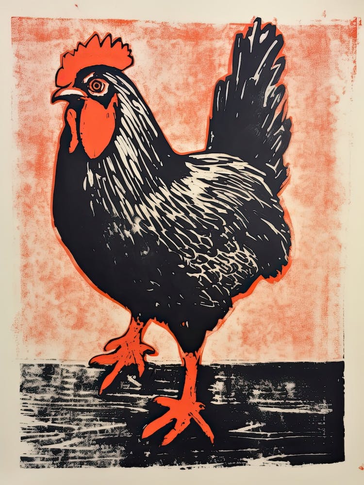 Chicken, Woodblock Animal  Drawing 2