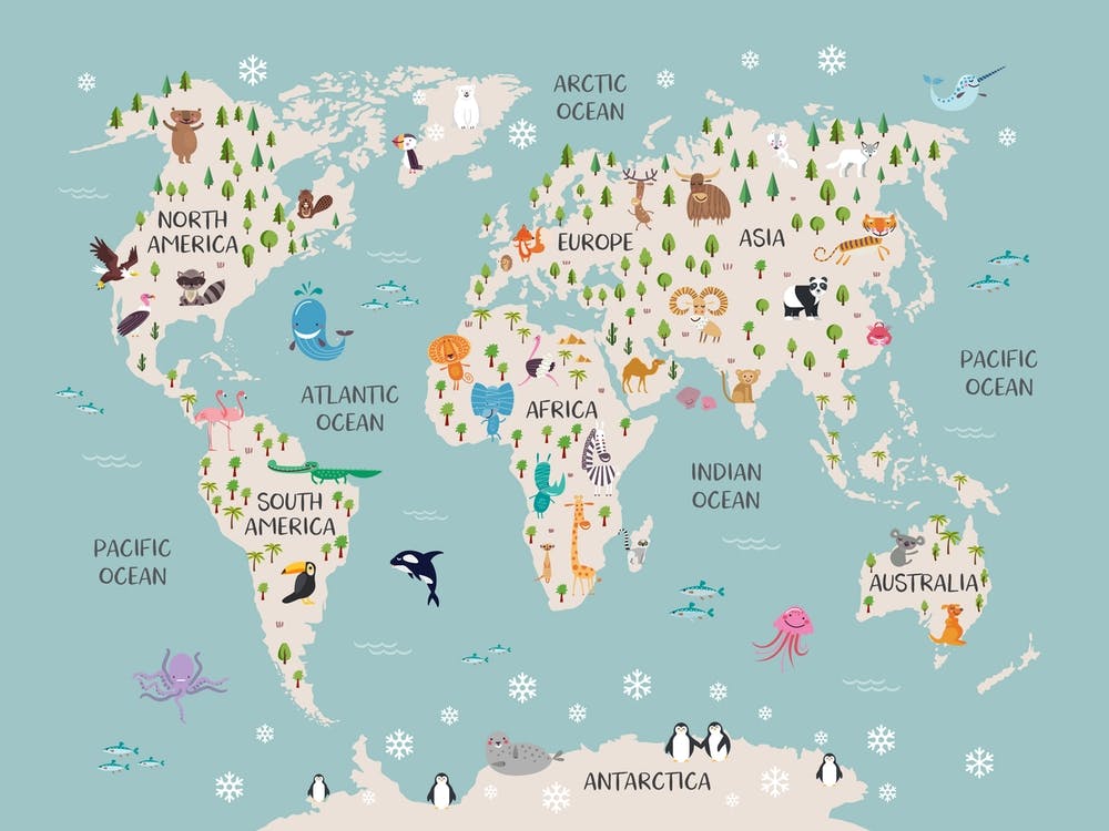 Kids Animal World Map In Blue