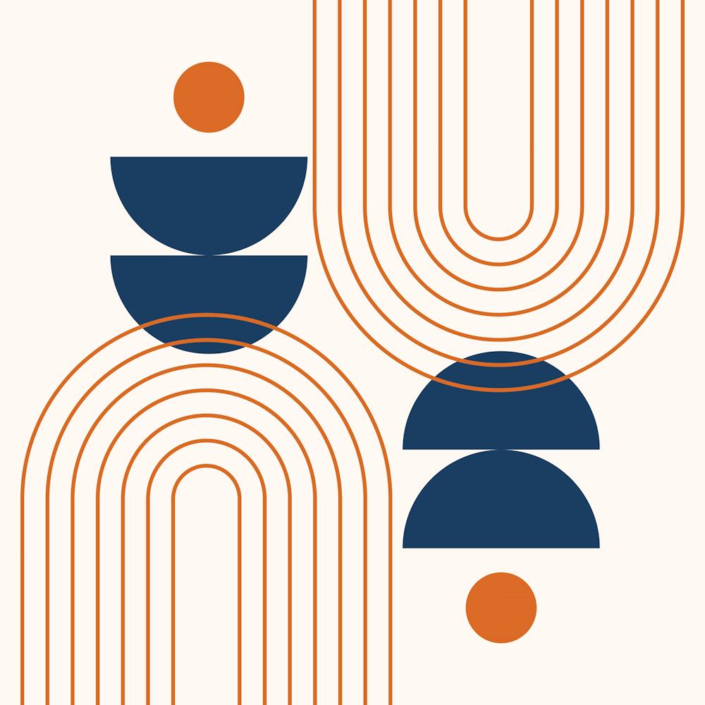 Modern Mid Century Sun, Moon Phases and Rainbow Abstract 17 in Navy Blue and Burnt Orange