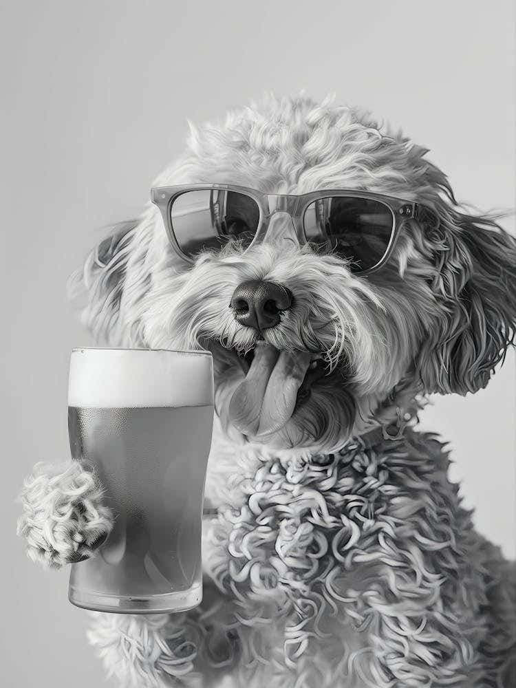 Cockapoo Drinking Beer Wall Art, Black And White Print, Dog Gift, Beer Alcohol Print, Funny Dog Poster, Bar Cart Decor, Kitchen Wall Decor