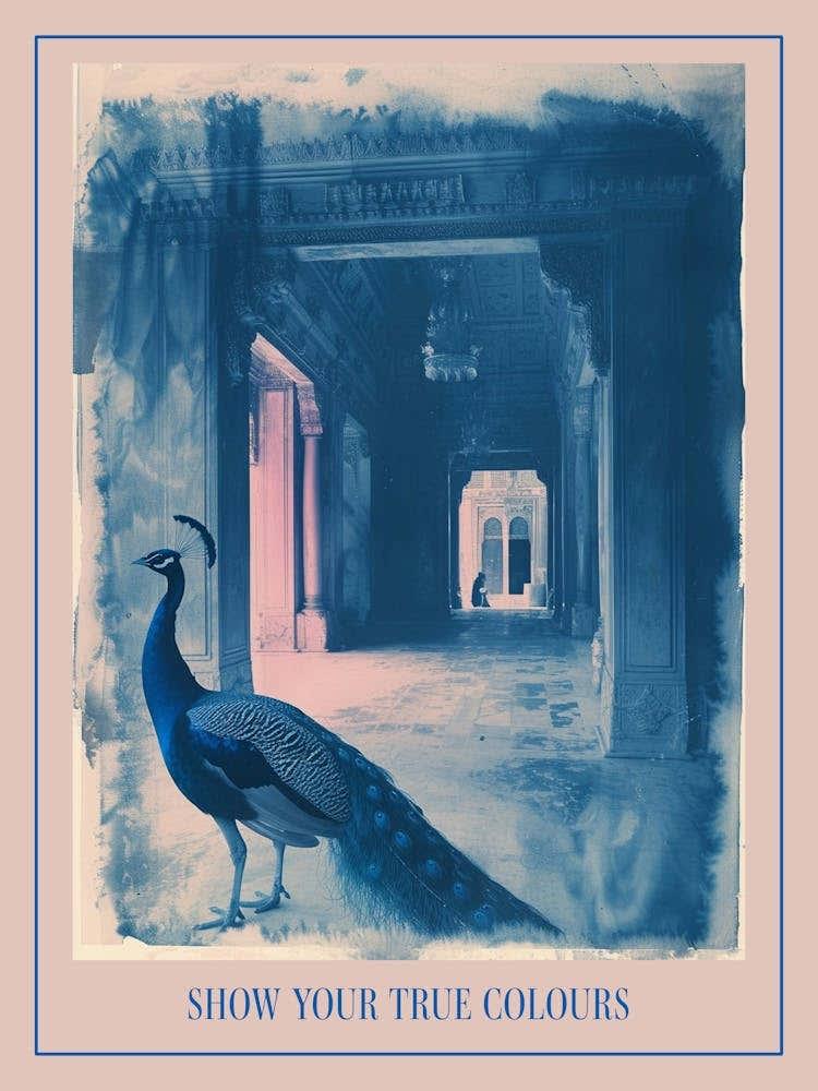 Blue Peacock In A Palace Cyanotype Inspired Poster