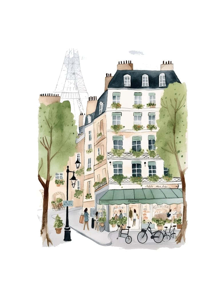 Paris Street Scene Illustration Watercolour