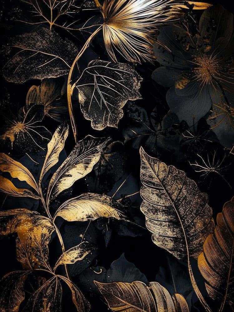 Gold Leaves On Black Background nature