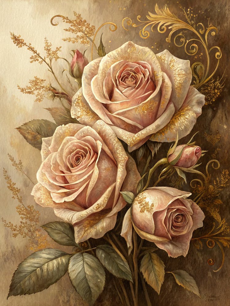 Oil Painting Style Faded Sepia Rose Cluster