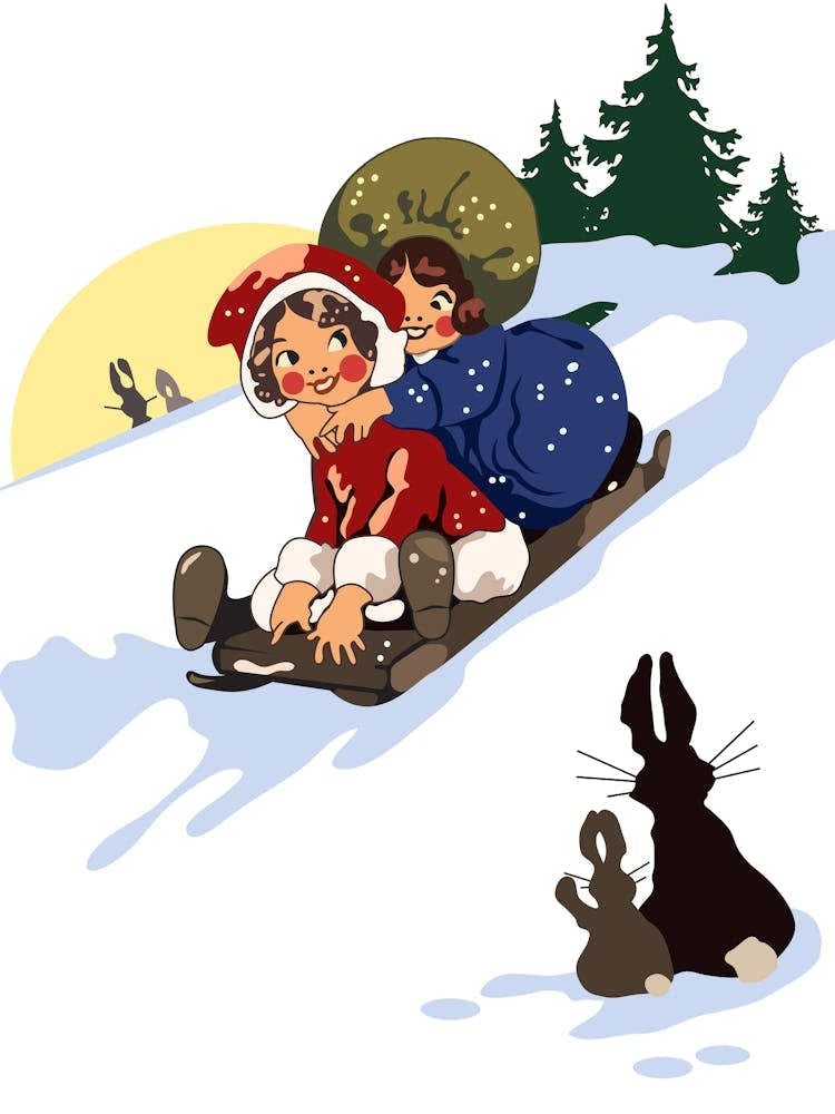 Two Girls Sledding On A Snow
