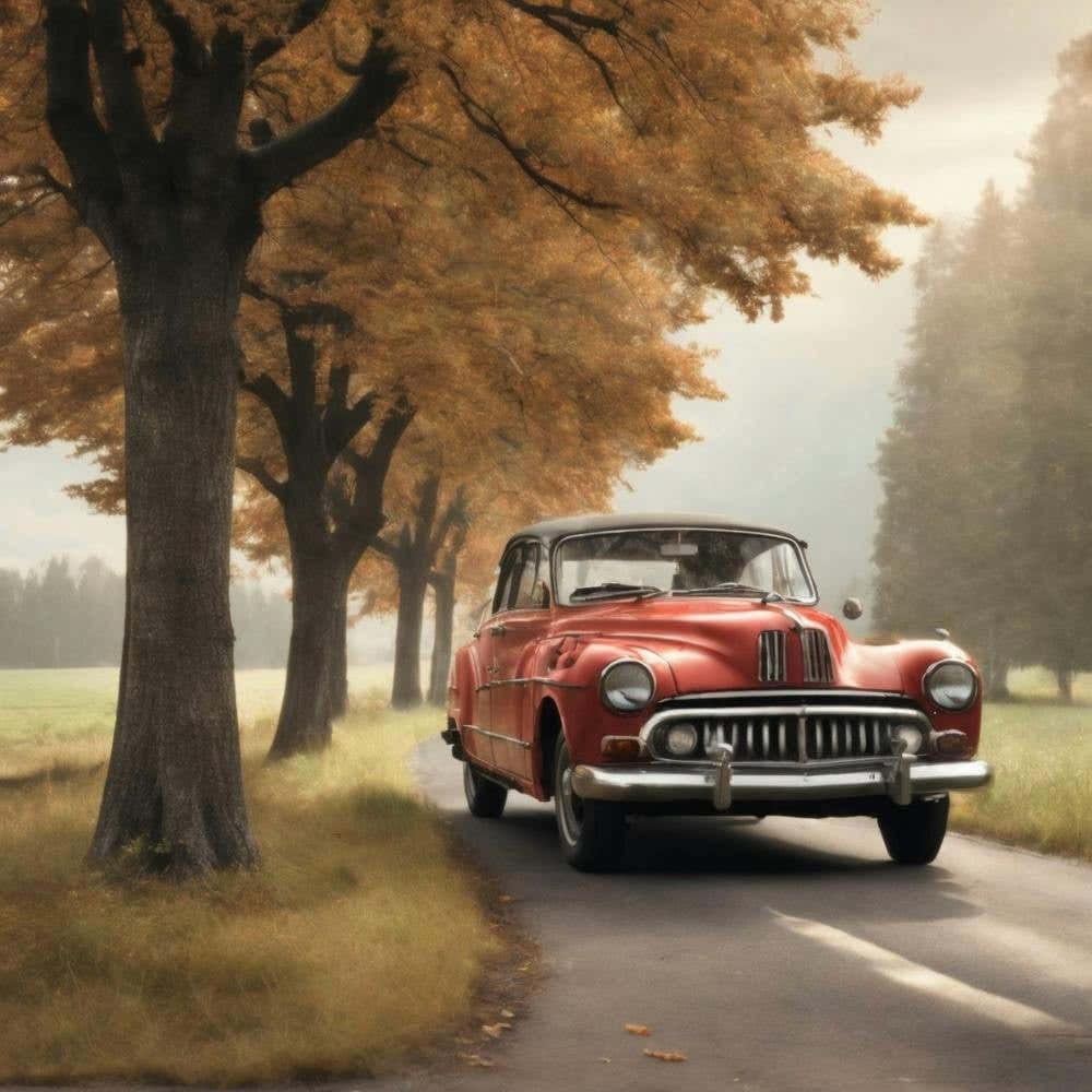 Red Vintage Car On A Country Road