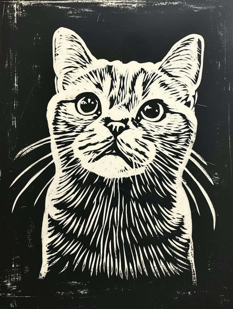 Scottish Fold Cat Linocut Blockprint 4