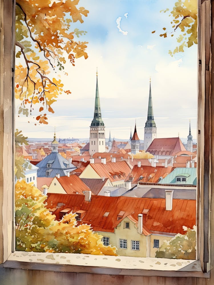 Window View Of Tallinn Estonia In Autumn Fall, Watercolour 4