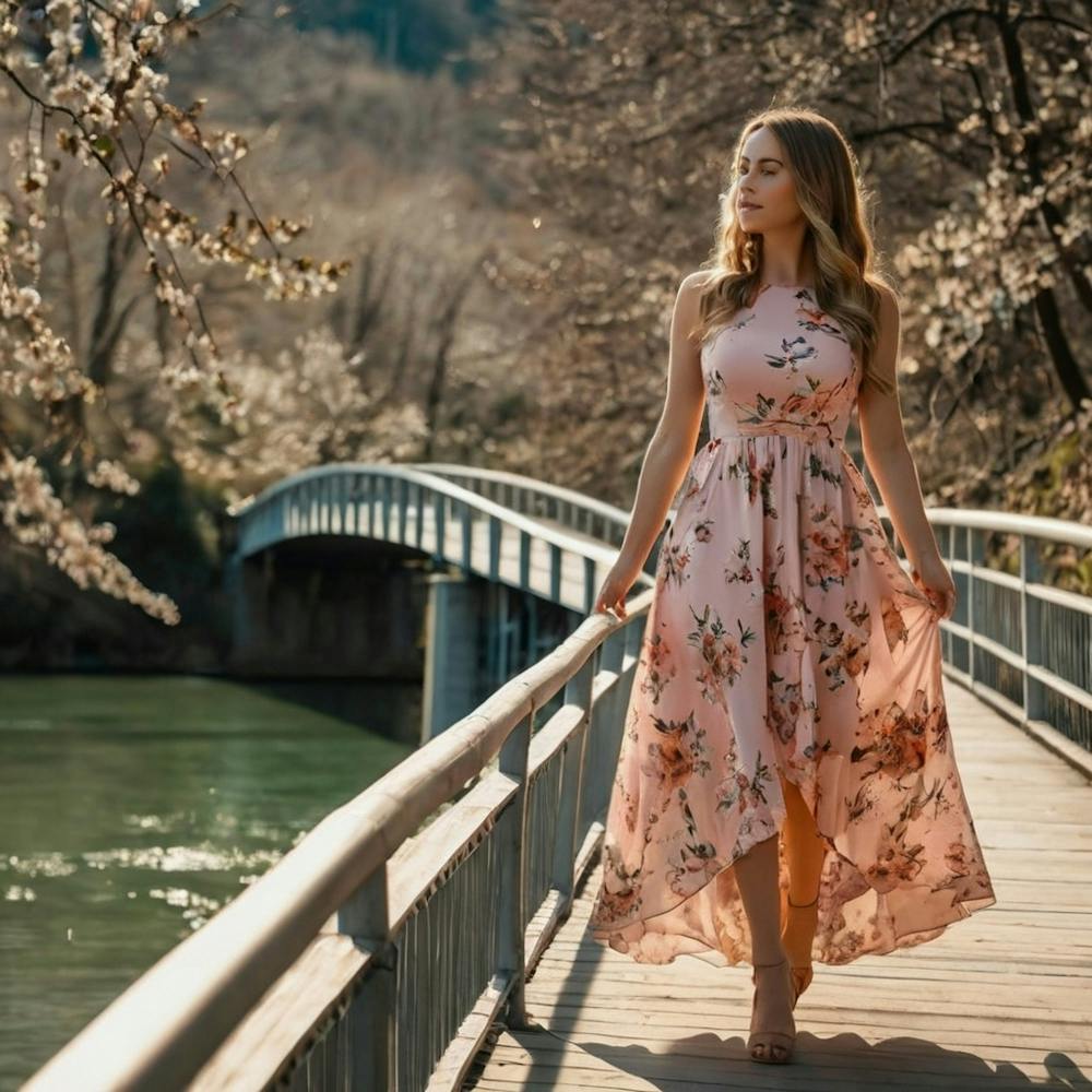 Beautiful Girl Walking On A Bridge