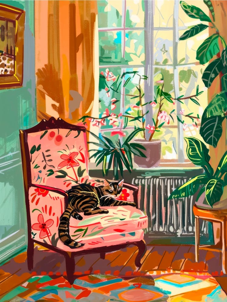 Cat in a Chair. Maximalist Interior Illustration
