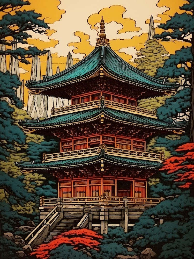 Nikko Toshogu Shrine, Japan Vintage Travel Art 3