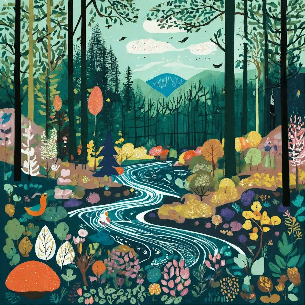 Art Drawing Forest Scene Folk Art Style Inspired B (3)