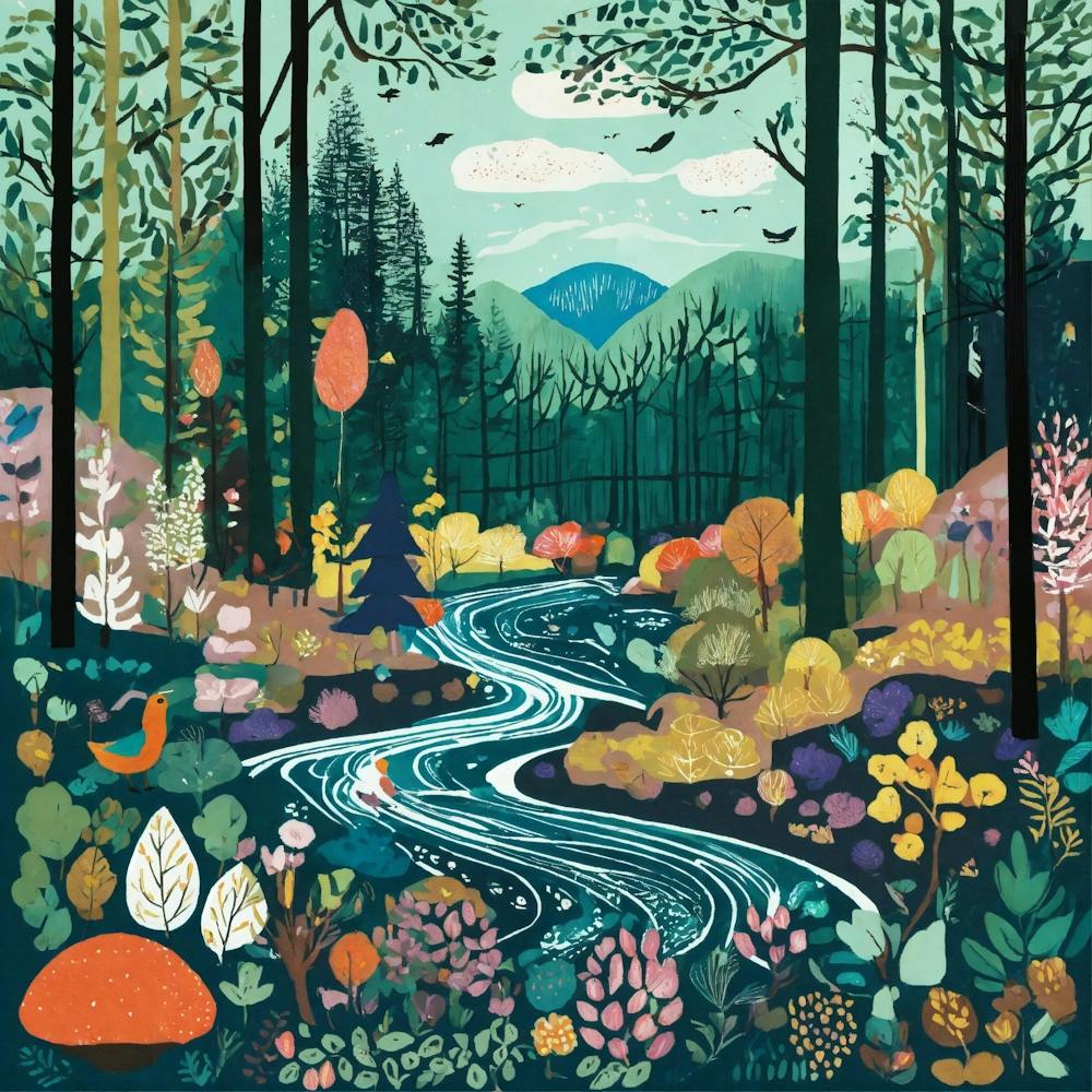 Art Drawing Forest Scene Folk Art Style Inspired B (3)