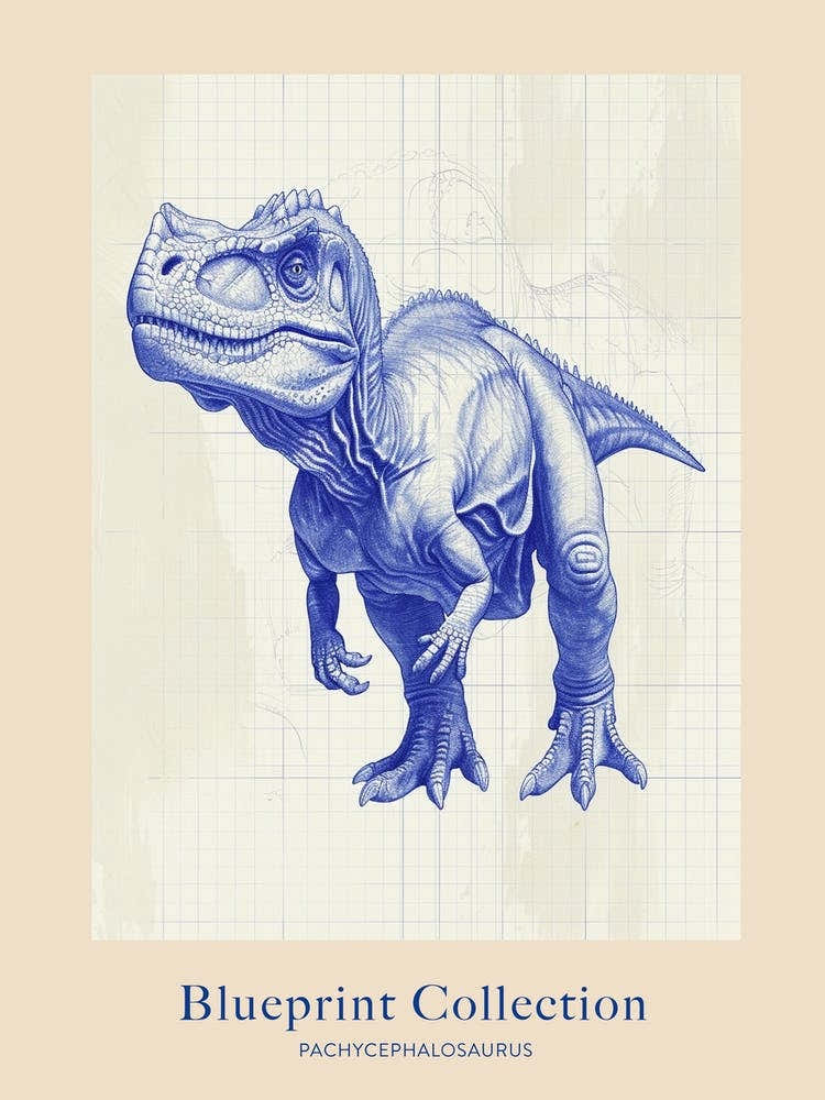 Pachycephalosaurus Dinosaur Blue Print Style Poster