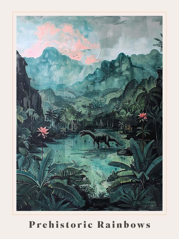 Dinosaur In A Paradise Landscape Painting 1 Poster
