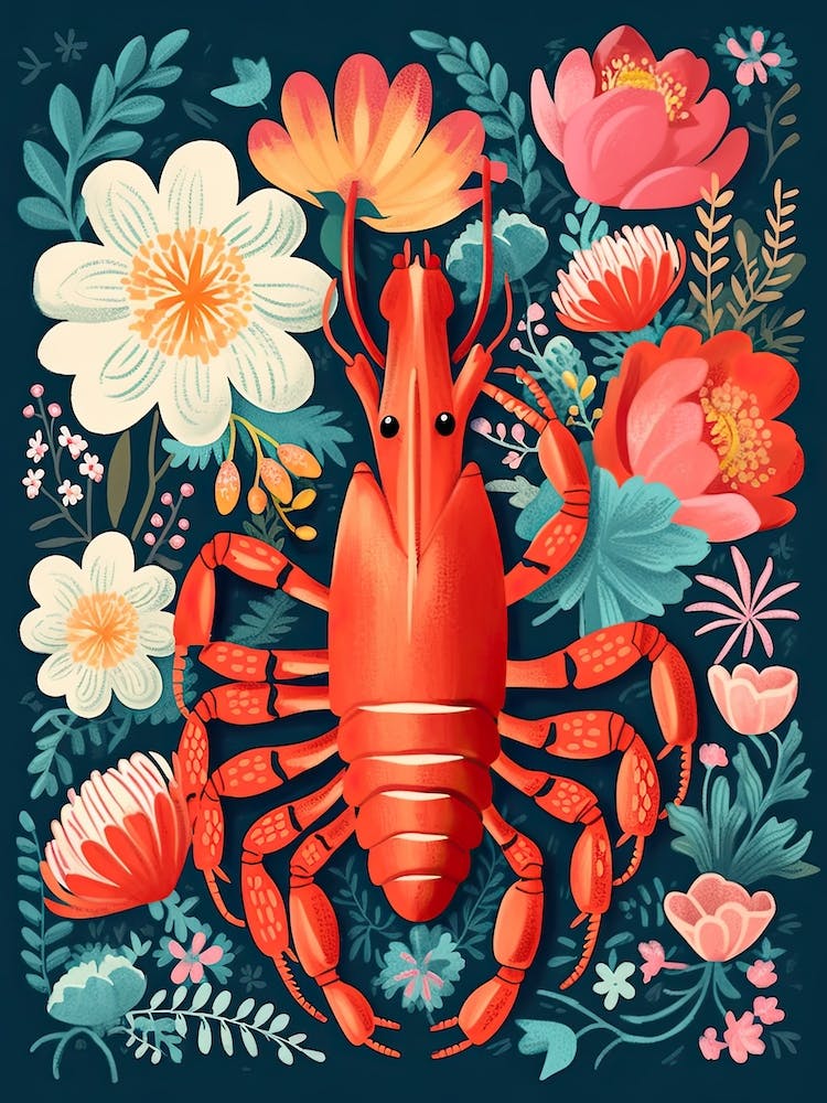 Summer Lobster And Flowers Illustration 2