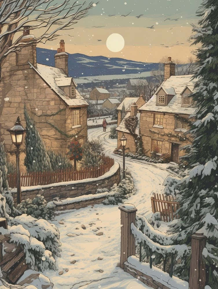 Vintage Winter Illustration Cotswolds United Kingdom 4