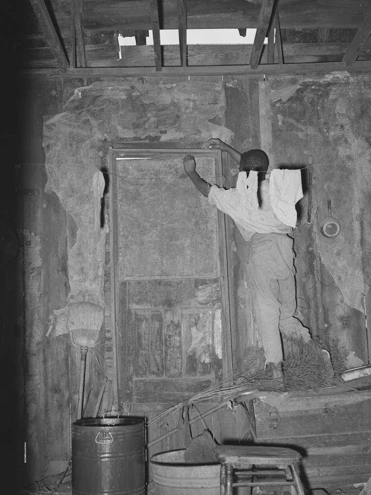 Room In House Of Agricultural Day Laborer, Note Hole In Roof And Boarded Up Door, Muskogee County, Oklahoma