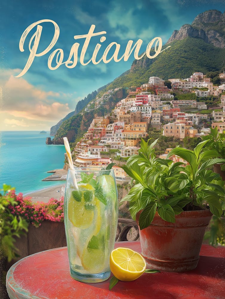 Vintage Travel Positano Italy Retro Scenic Poster | Lemonade & Balcony View Art