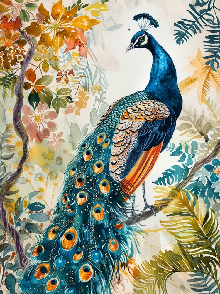 Watercolour Peacock With Tropical Leaves 1