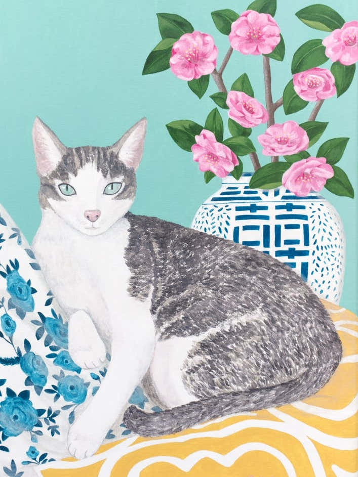 Cat With Cushions And Chinoiserie Vase