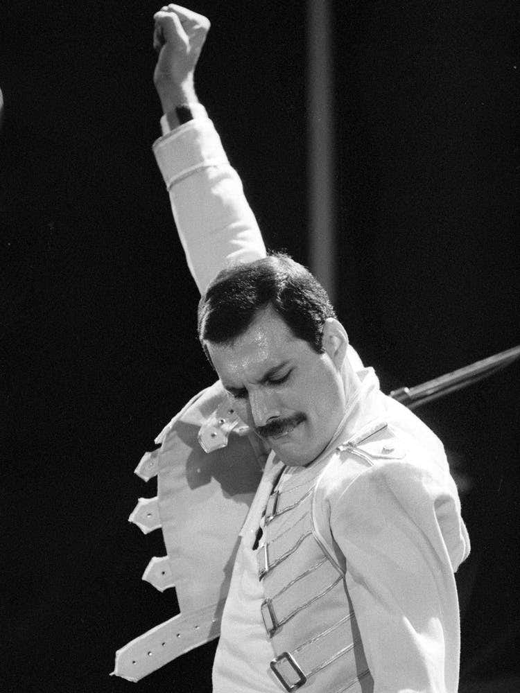 Freddie Mercury performing. Rock band Queen in concert at St James Park in Newcastle