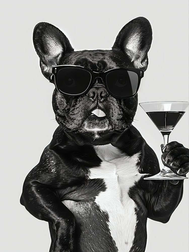 French Bulldog Holding A Cocktail Wall Art, Black And White Print, Frenchie Gift, Martini Alcohol Print, Funny Dog Poster, Bar Cart Decor
