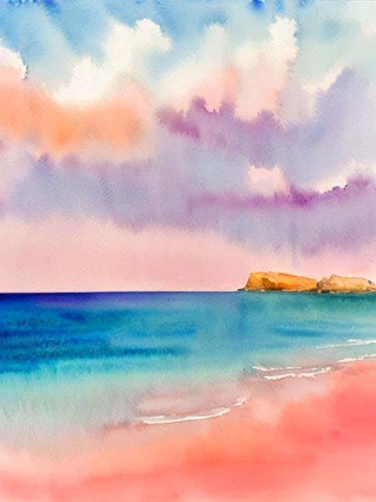 Cala Estreta Beach, Costa Brava, Spain Pink Watercolour