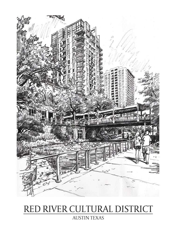 Red River Cultural District Austin Texas Black And White Drawing 2 Poster